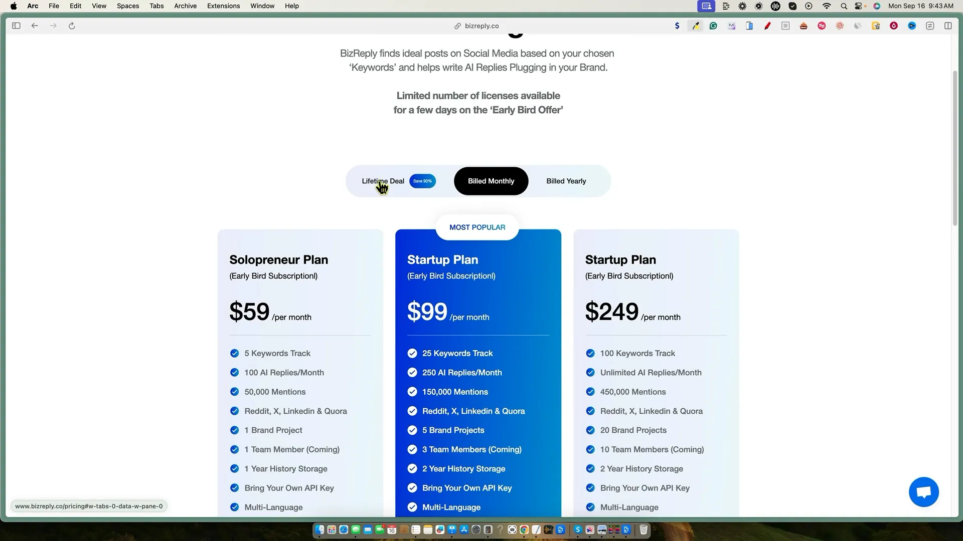 Bizreply pricing plans