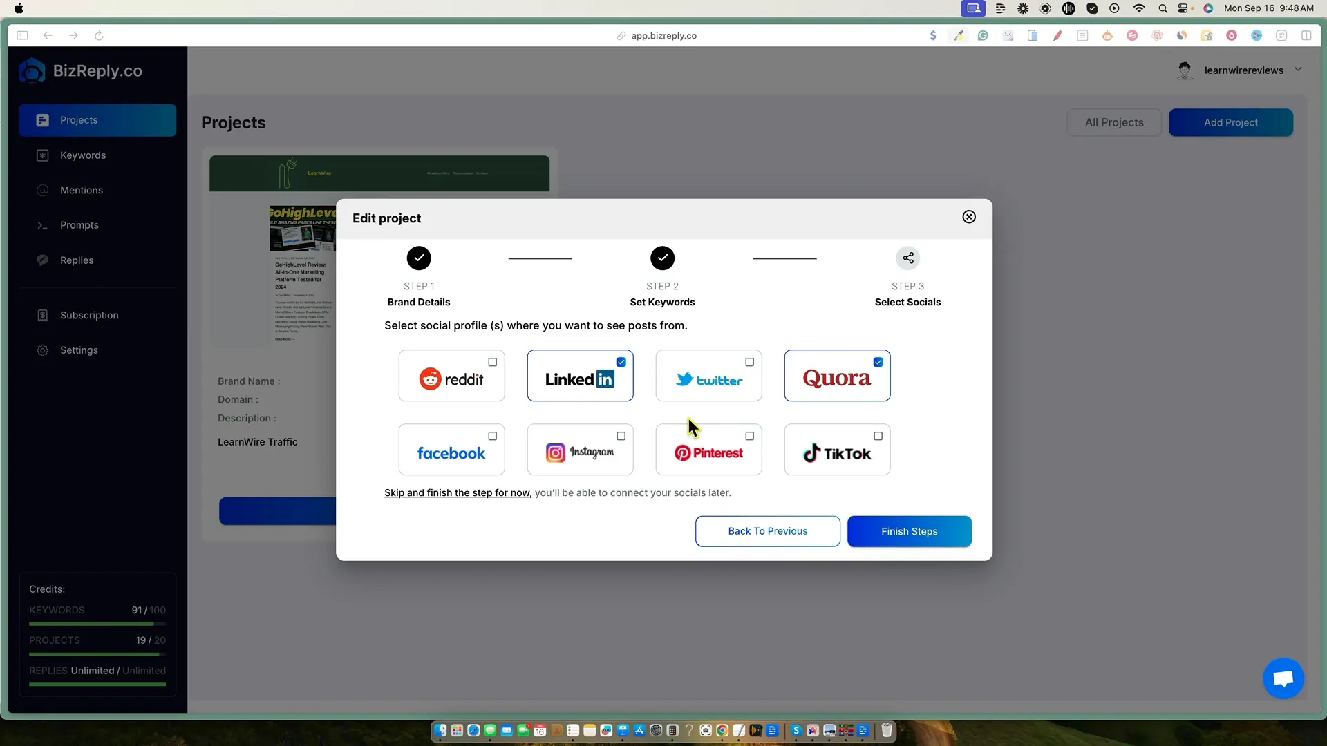 Selecting platforms in Bizreply