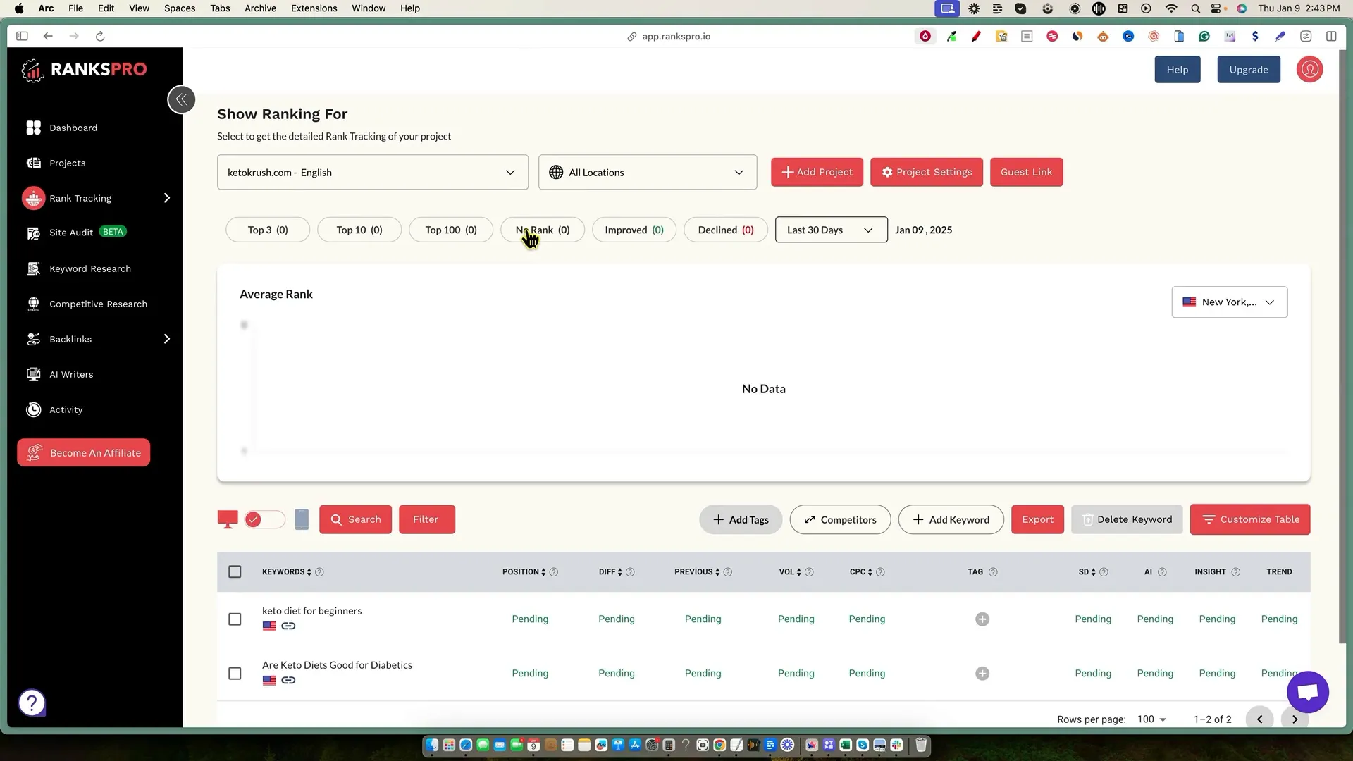 RanksPro dashboard showing key features