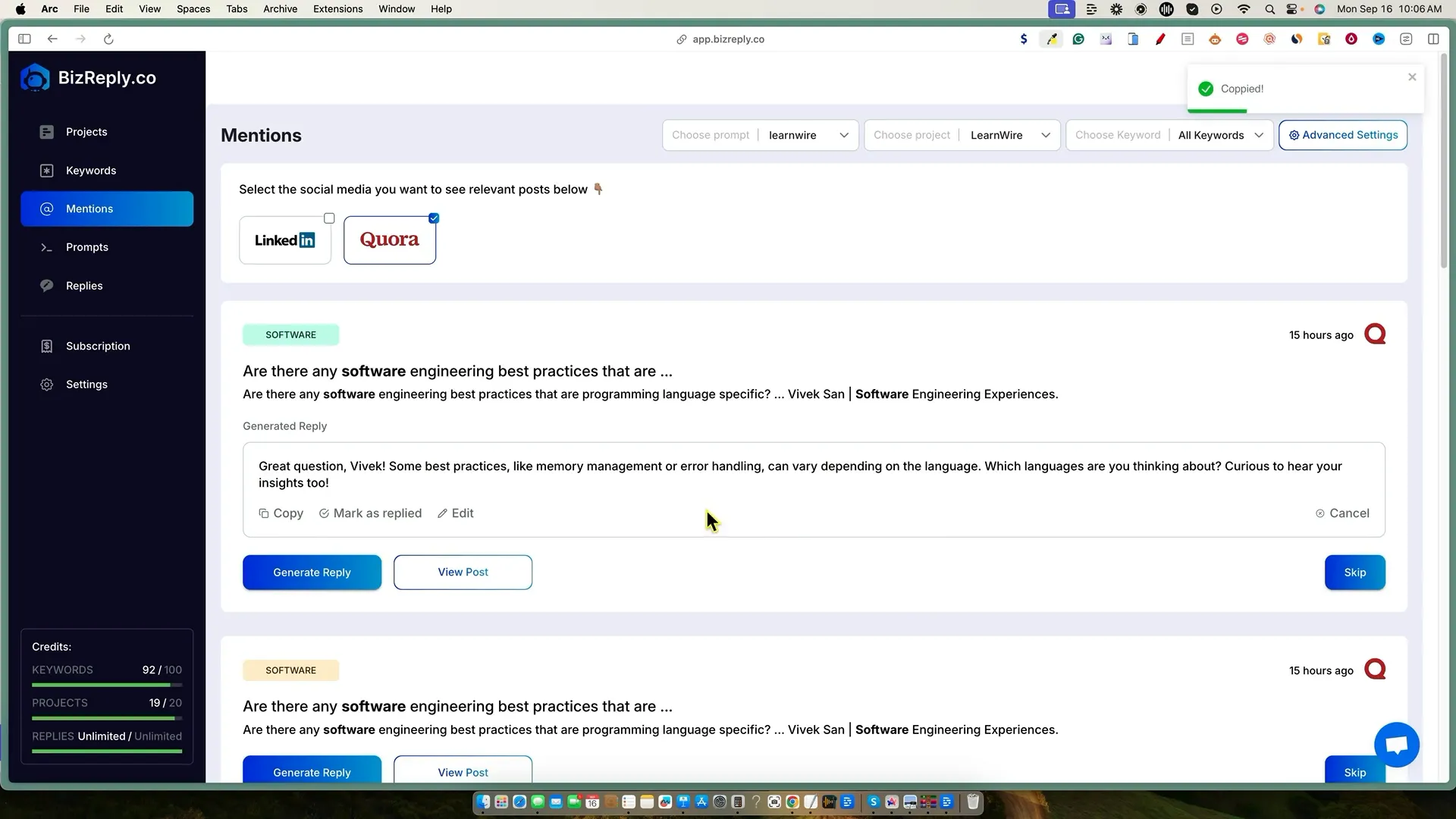 Generating replies in Bizreply
