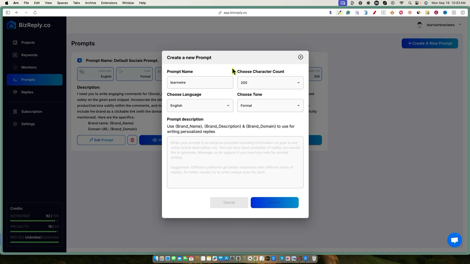 Managing keywords in Bizreply