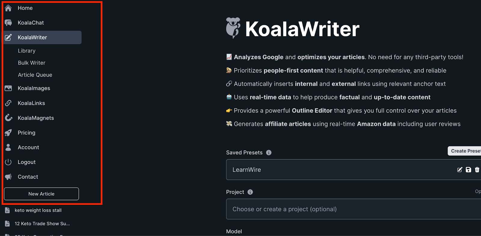 koala ai writer user interface