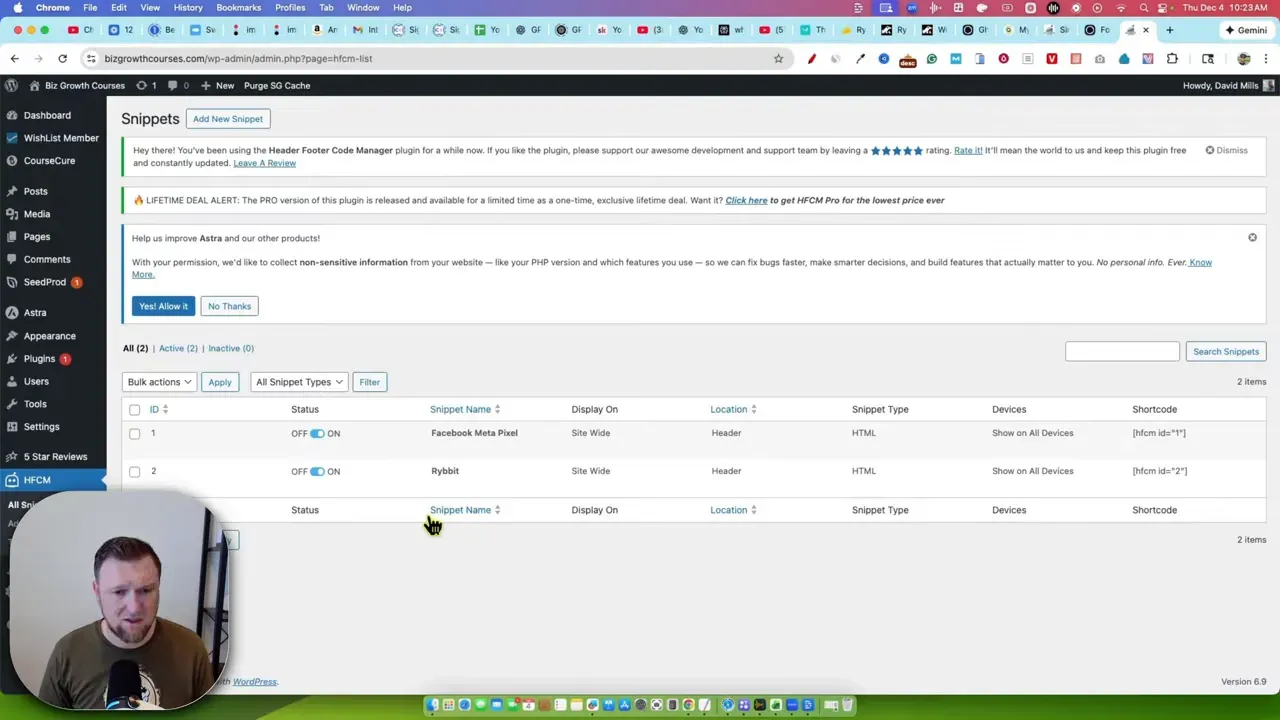 WordPress Header Footer Code Manager snippets list showing 'Rybbt' snippet set to Site Wide and Header, presenter overlay.