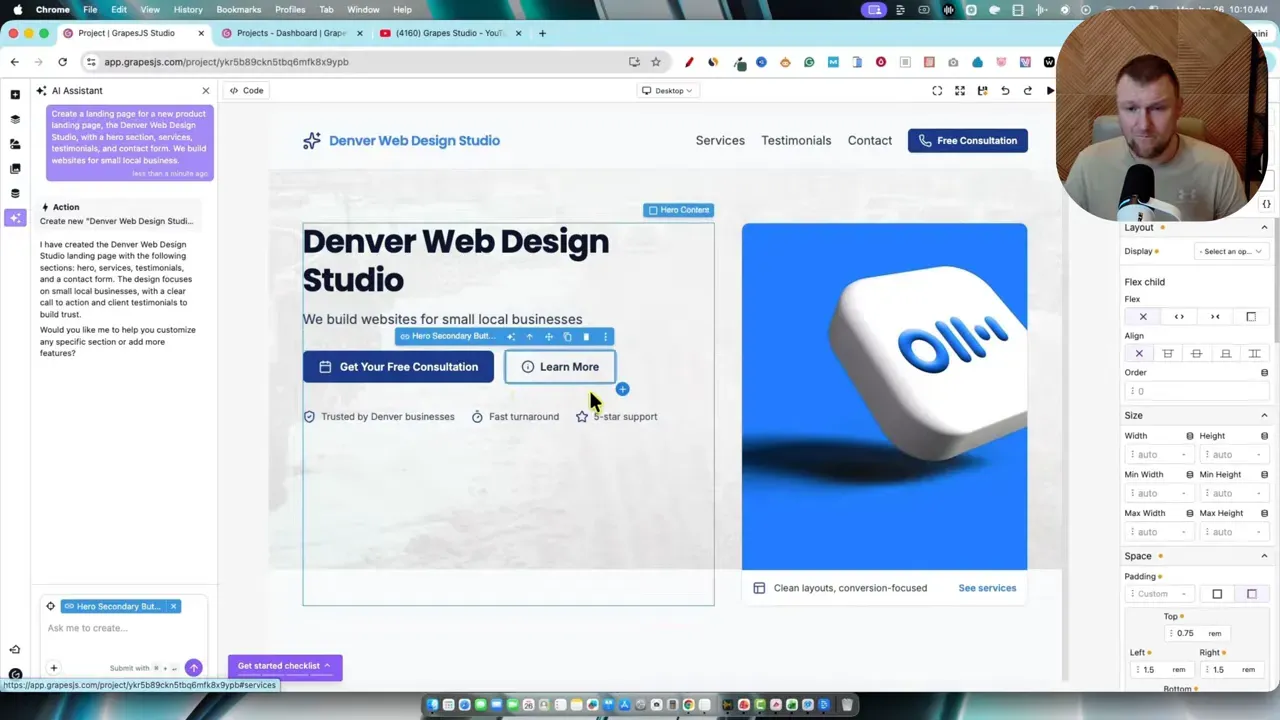 Grapes Studio editor with the hero content bounding box selected and layout controls visible on the right
