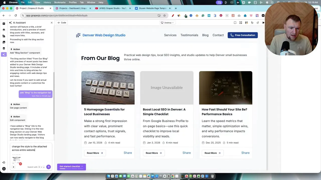High-quality screenshot of the Grapes Studio editor showing the generated 'From Our Blog' post cards, left-side AI assistant instructions, and a non-identifying presenter overlay.
