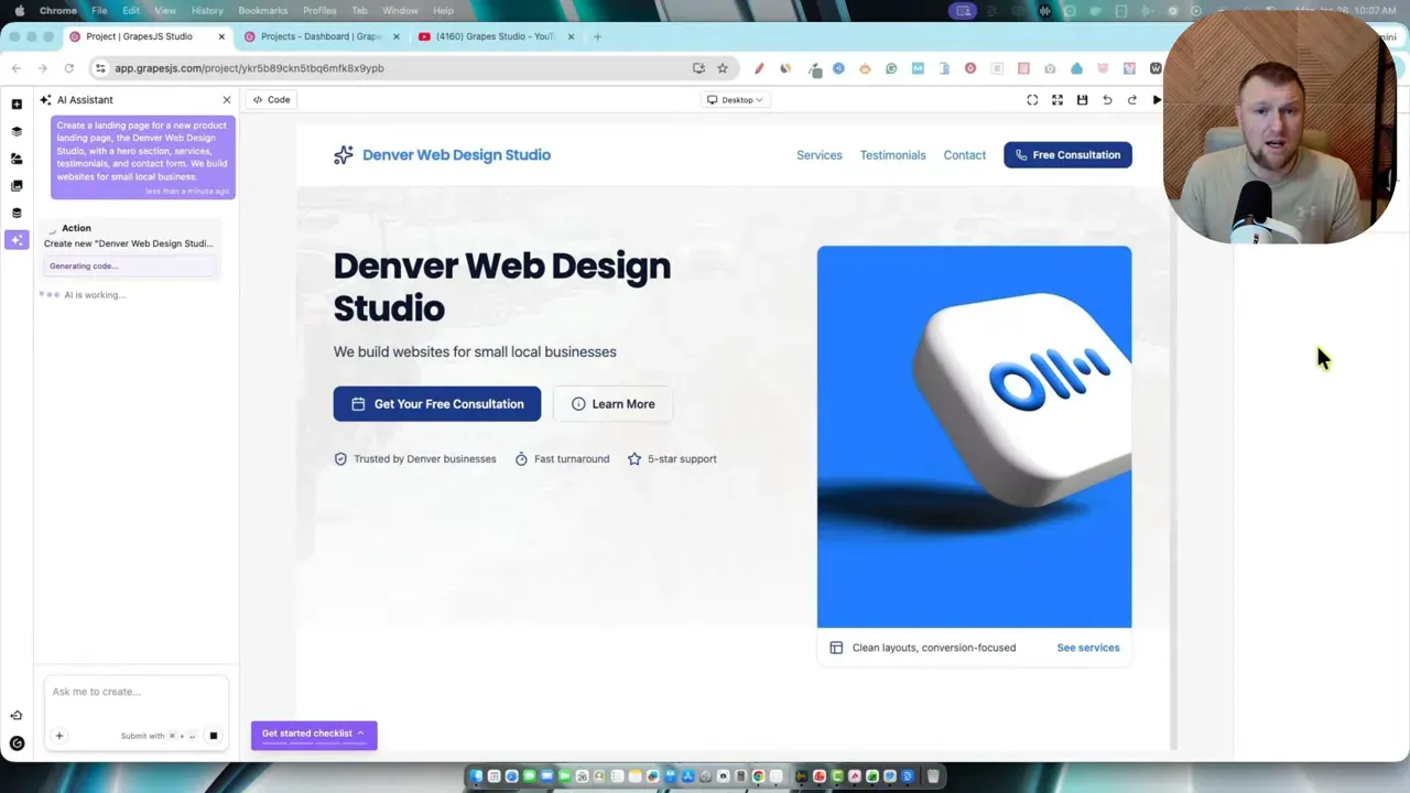 Grapes Studio editor showing the finished 'Denver Web Design Studio' hero with a style-matched image in the hero card and AI assistant sidebar
